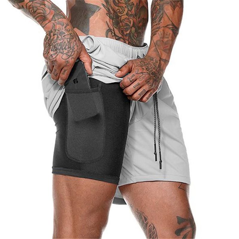 Men's Two Layers Gym Running Shorts With Pockets, Active Quick Dry Slightly Stretch Drawstring Workout Bottom Clothing