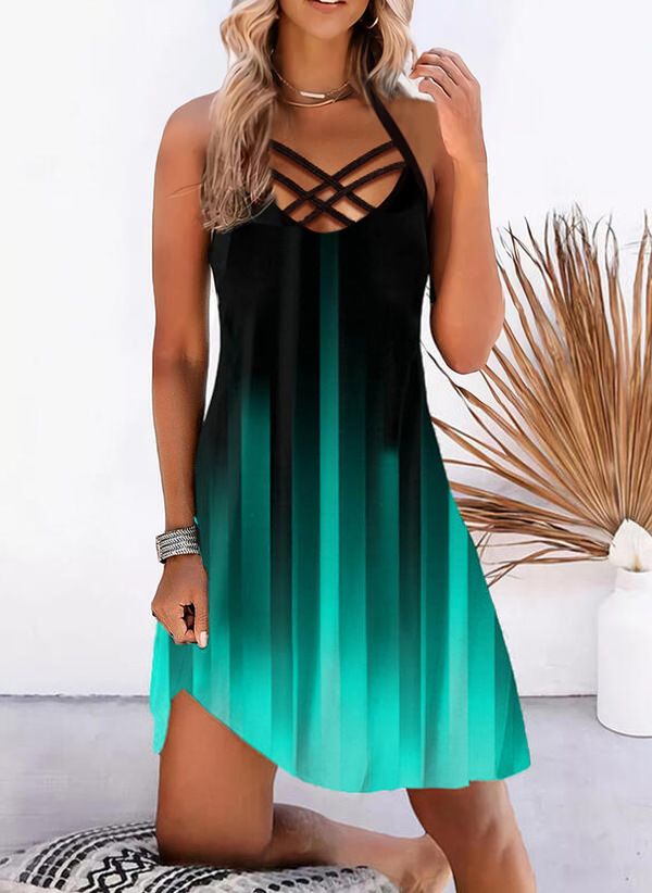 Women's Color Block Criss Cross Dress - Stylish and Comfortable Sleeveless Spaghetti Strap Dress for Casual Wear