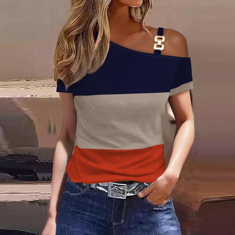Women's Colorblock Stripe & Sequins Print Cold Shoulder Top for Spring & Fall