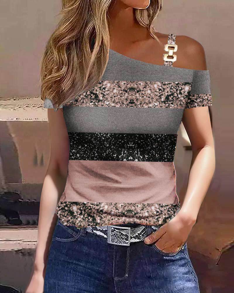 Women's Colorblock Stripe & Sequins Print Cold Shoulder Top for Spring & Fall