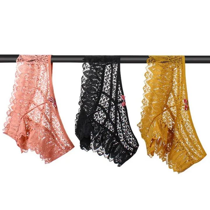 4pcs Floral Lace Bow Tie Panties Criss Cross Hollow Out Scallop Trim Panties G String Underpant for Women Ladies