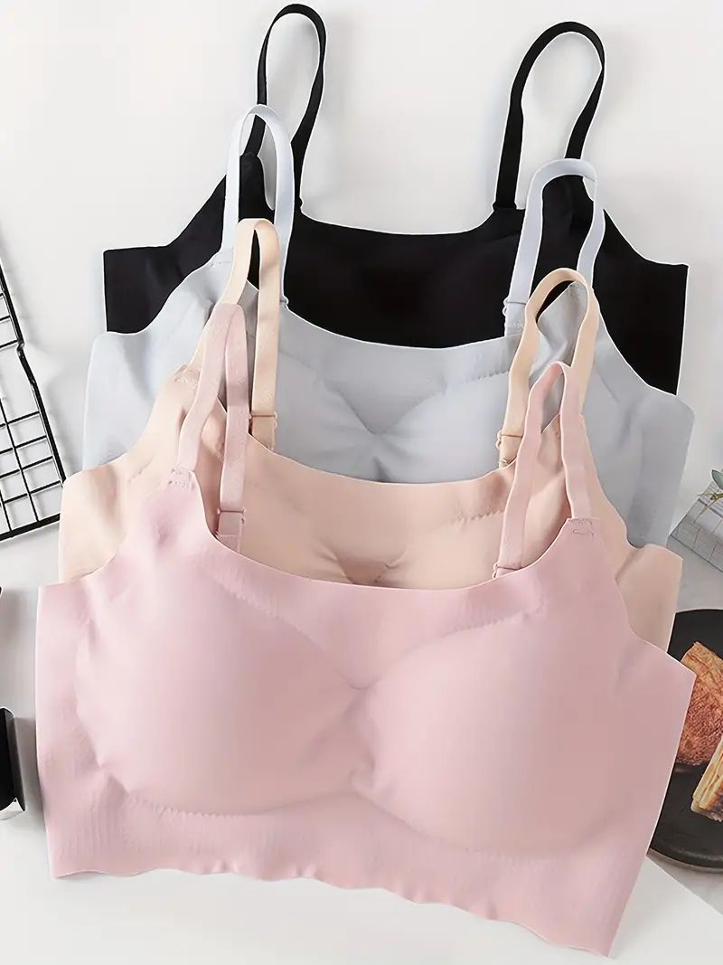 4pcs Seamless Solid Bralettes, Comfortable Adjustable Straps Wireless Intimates Bra, Women's Lingerie & Underwear