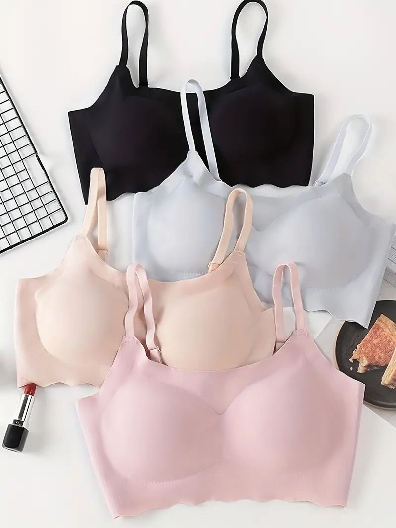 4pcs Seamless Solid Bralettes, Comfortable Adjustable Straps Wireless Intimates Bra, Women's Lingerie & Underwear