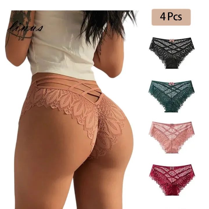 4pcs Floral Lace Bow Tie Panties Criss Cross Hollow Out Scallop Trim Panties G String Underpant for Women Ladies