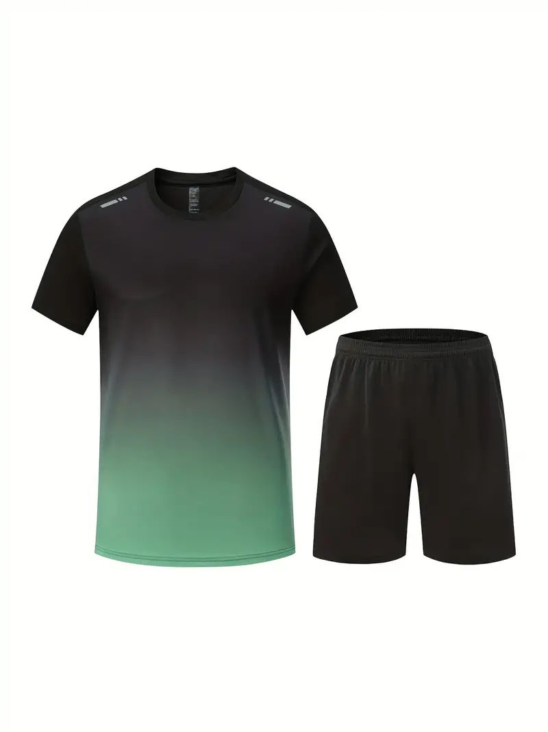 2-piece Men's Summer Basketball Training Running Outfit Set, Gradient Short Sleeve T-shirt & Quick-drying Shorts Set