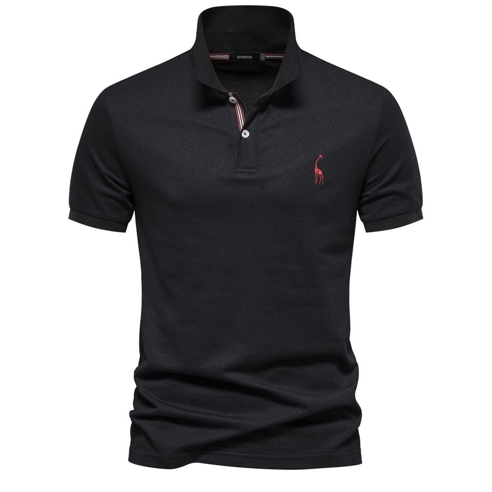 Men Solid Giraffe Embroidery Short Sleeve Cotton Polo Shirts, Men's Fashion Stand Collar Button Up Shirts For Business And Leisurewear