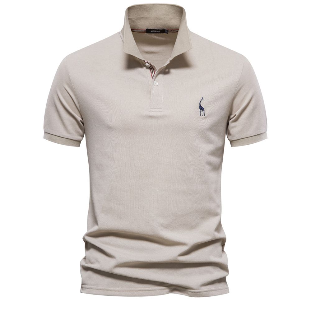 Men Solid Giraffe Embroidery Short Sleeve Cotton Polo Shirts, Men's Fashion Stand Collar Button Up Shirts For Business And Leisurewear