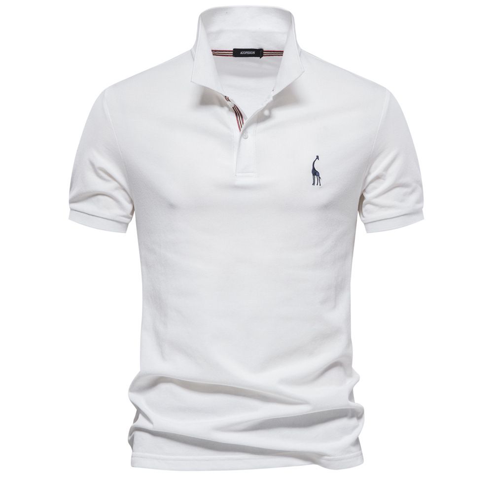 Men Solid Giraffe Embroidery Short Sleeve Cotton Polo Shirts, Men's Fashion Stand Collar Button Up Shirts For Business And Leisurewear