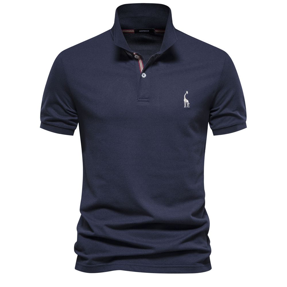 Men Solid Giraffe Embroidery Short Sleeve Cotton Polo Shirts, Men's Fashion Stand Collar Button Up Shirts For Business And Leisurewear