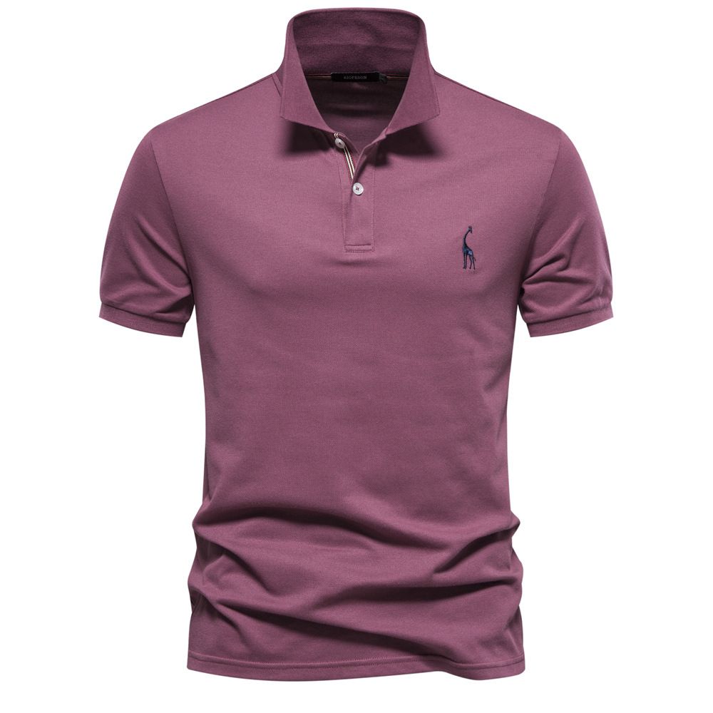 Men Solid Giraffe Embroidery Short Sleeve Cotton Polo Shirts, Men's Fashion Stand Collar Button Up Shirts For Business And Leisurewear