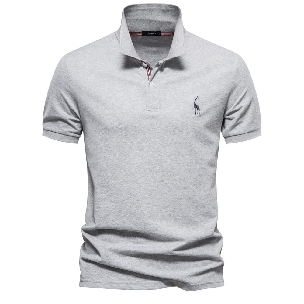Men Solid Giraffe Embroidery Short Sleeve Cotton Polo Shirts, Men's Fashion Stand Collar Button Up Shirts For Business And Leisurewear