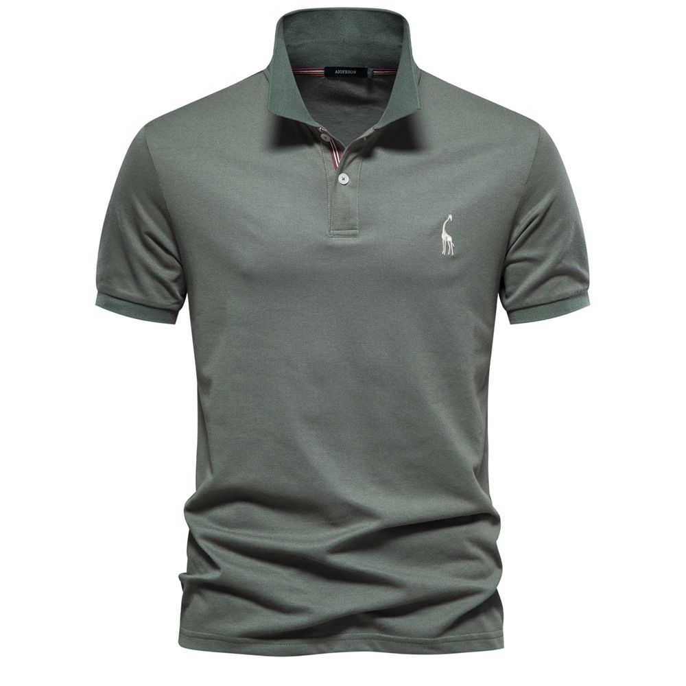 Men Solid Giraffe Embroidery Short Sleeve Cotton Polo Shirts, Men's Fashion Stand Collar Button Up Shirts For Business And Leisurewear