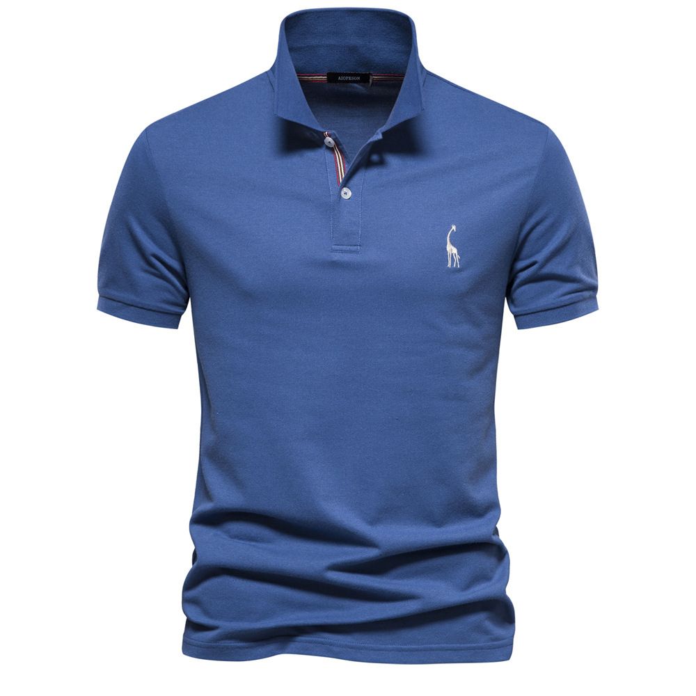 Men Solid Giraffe Embroidery Short Sleeve Cotton Polo Shirts, Men's Fashion Stand Collar Button Up Shirts For Business And Leisurewear