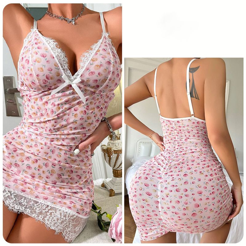 Floral Print Nightdress Elegant V Neck Spaghetti Strap Sleep Dress With  Lace Sleep Dress