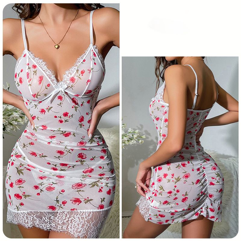 Floral Print Nightdress Elegant V Neck Spaghetti Strap Sleep Dress With  Lace Sleep Dress