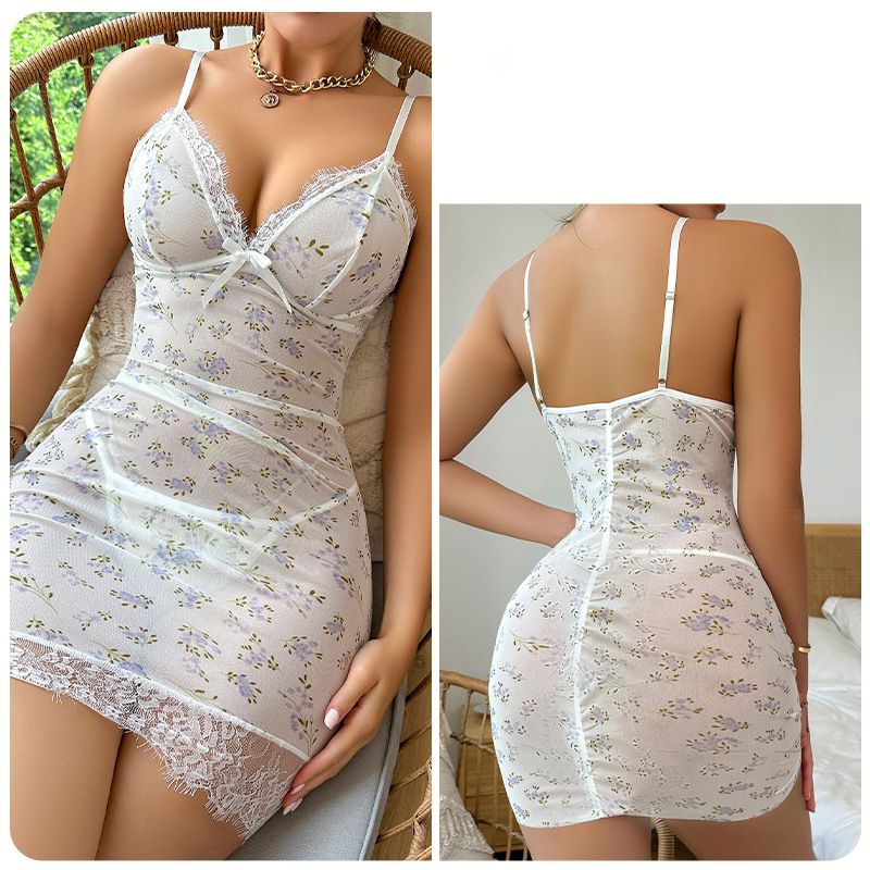 Floral Print Nightdress Elegant V Neck Spaghetti Strap Sleep Dress With  Lace Sleep Dress