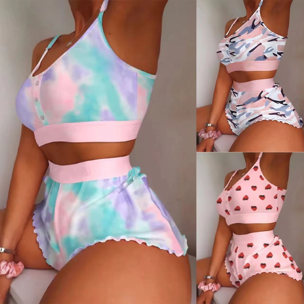 2Pcs/Set Women's Large Size Pajama Set Tank Top And Shorts Set Elastic Comfortable Skincare Fabric Multiple Colors Women's Large Size Pajama Set
