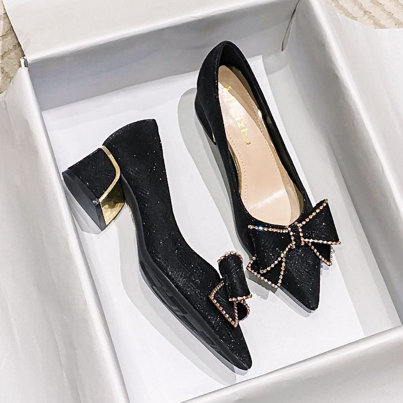 New French Chunky Heels Pointed Toe Single Shoes Bow Heels pointed toe high heels middle heel Large Size Heels Fashion Party Shoes Sweet Office Commute