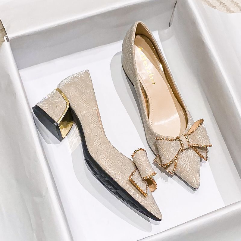 New French Chunky Heels Pointed Toe Single Shoes Bow Heels pointed toe high heels middle heel Large Size Heels Fashion Party Shoes Sweet Office Commute