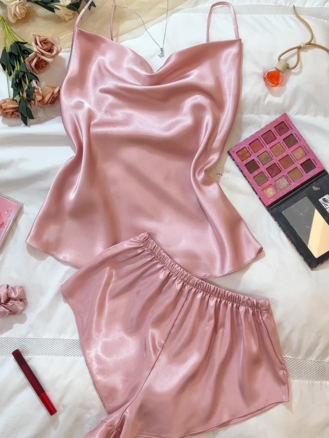 3Pcs/Set Women Home Clothing Sleepwear Pajamas Women Ice Silk Sleeveless Strappy Pajamas Women Imitation Silk Sexy backless Halter Shorts Set Tops+Pant+wristband fashion satin pijama