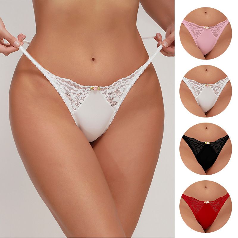 JINFENI 4PCS Women Underwear Seamless Lace Thong Women Low Waist Panties Women G-String  Ladies  Sexy Lace cotton crotch panties Woman Sex Wear Thong Panties