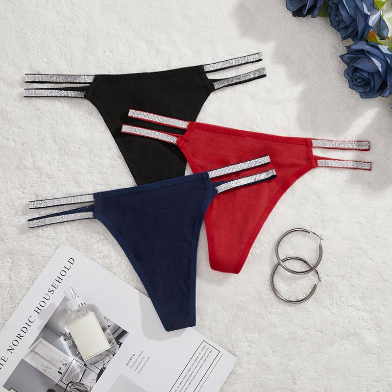 LISHER 3PCS Women Sexy Low Waist Panties American Solid Color Triangle Bikini  Gstring Thong Glitter Cross Spaghetti Strap Hollow out Bikini Low Rise Panties