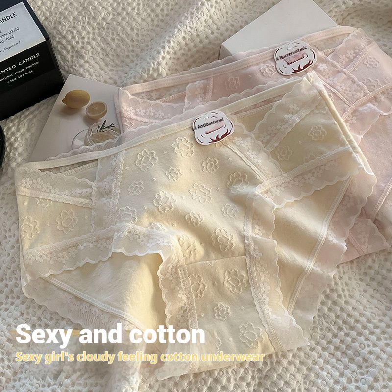 4PC Cotton Women Underwear baby cotton Girls's Briefs 5A Antibacterial mid-waist Briefs Lace Trim Hollow Out Briefs Seamless Hipster Panties (China size,choose a larger size than ususl)