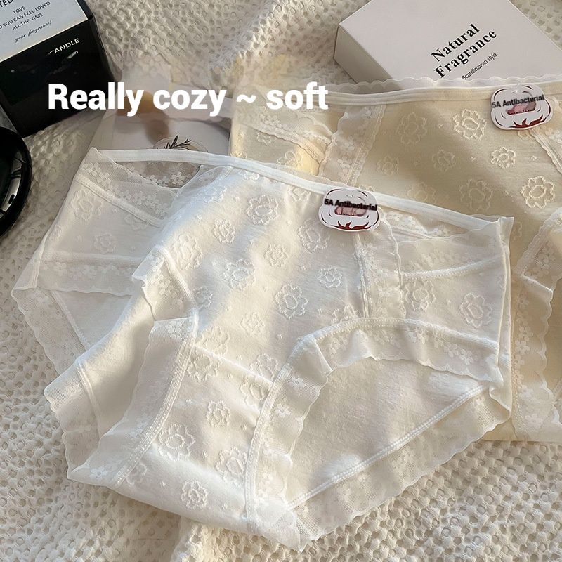 4PC Cotton Women Underwear baby cotton Girls's Briefs 5A Antibacterial mid-waist Briefs Lace Trim Hollow Out Briefs Seamless Hipster Panties (China size,choose a larger size than ususl)