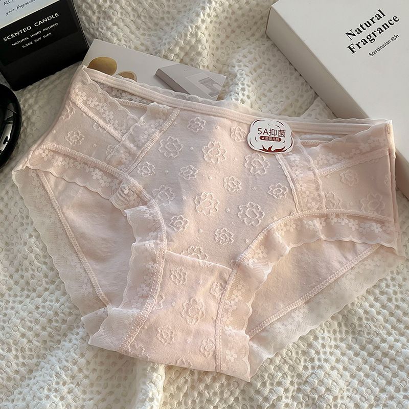4PC Cotton Women Underwear baby cotton Girls's Briefs 5A Antibacterial mid-waist Briefs Lace Trim Hollow Out Briefs Seamless Hipster Panties (China size,choose a larger size than ususl)