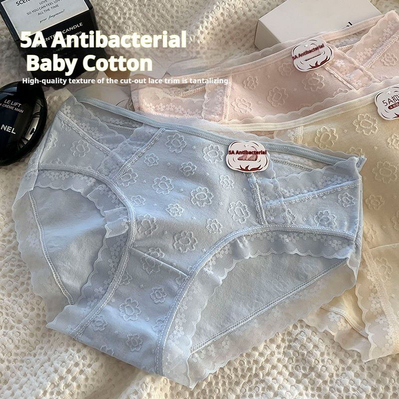 4PC Cotton Women Underwear baby cotton Girls's Briefs 5A Antibacterial mid-waist Briefs Lace Trim Hollow Out Briefs Seamless Hipster Panties (China size,choose a larger size than ususl)