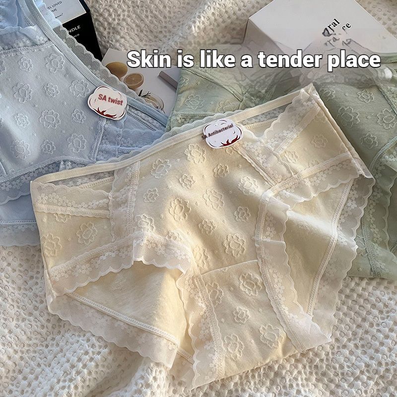 4PC Cotton Women Underwear baby cotton Girls's Briefs 5A Antibacterial mid-waist Briefs Lace Trim Hollow Out Briefs Seamless Hipster Panties (China size,choose a larger size than ususl)