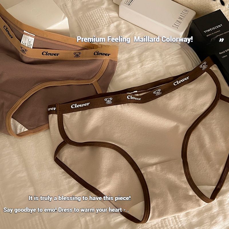 4 PCS Maillard Colorway Girls Cotton Panties Women's Cotton 7A Antibacterial Mid Waist Sports Style Plus Size Ladies Panties Cute Bear letter waistband  High Split comfortable soft panties