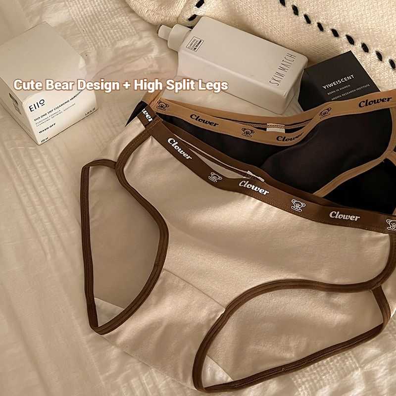 4 PCS Maillard Colorway Girls Cotton Panties Women's Cotton 7A Antibacterial Mid Waist Sports Style Plus Size Ladies Panties Cute Bear letter waistband  High Split comfortable soft panties