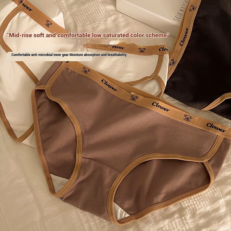 4 PCS Maillard Colorway Girls Cotton Panties Women's Cotton 7A Antibacterial Mid Waist Sports Style Plus Size Ladies Panties Cute Bear letter waistband  High Split comfortable soft panties