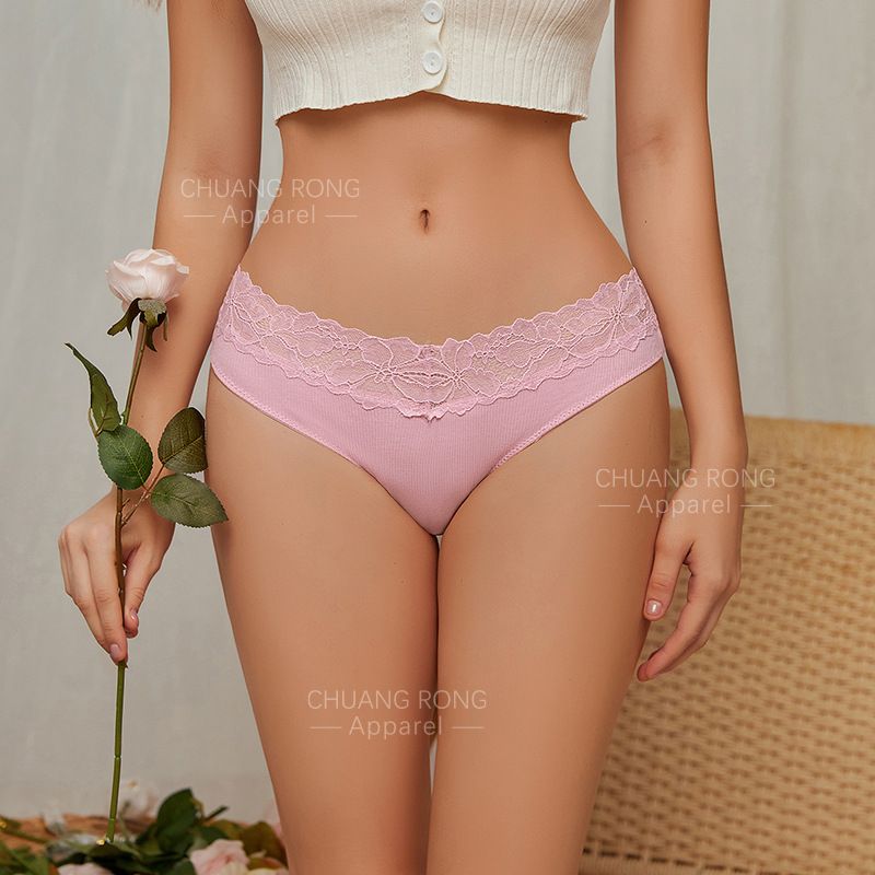 European and American large size threaded cotton panties Women's sexy low-rise lace splicing panties Cotton crotch anti-bacteria breathable ladies panties Cotton lace trim low-rise Briefs