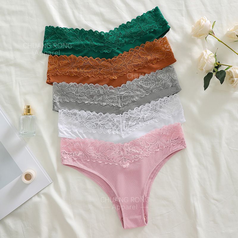 European and American large size threaded cotton panties Women's sexy low-rise lace splicing panties Cotton crotch anti-bacteria breathable ladies panties Cotton lace trim low-rise Briefs