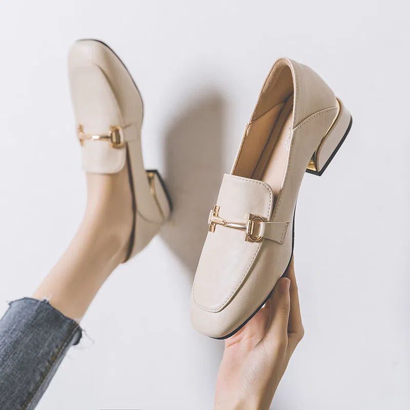 Women's Loafers rubber soft sole square head leather shoes British style Square Toe Chunky Heel Shoes High quality microfiber leather shoes Office Shoes