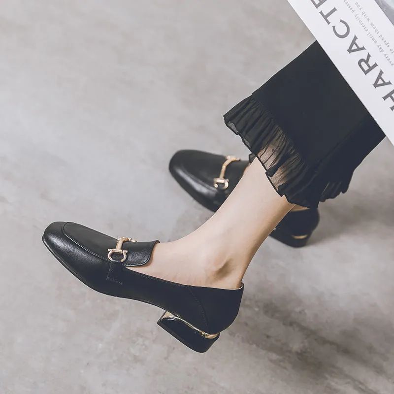 Women's Loafers rubber soft sole square head leather shoes British style Square Toe Chunky Heel Shoes High quality microfiber leather shoes Office Shoes