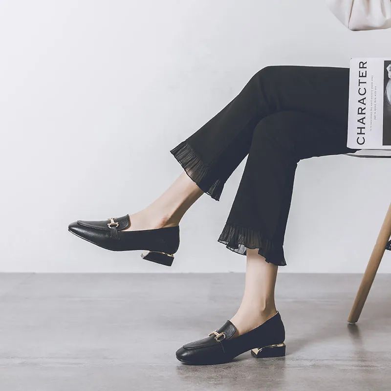 Women's Loafers rubber soft sole square head leather shoes British style Square Toe Chunky Heel Shoes High quality microfiber leather shoes Office Shoes