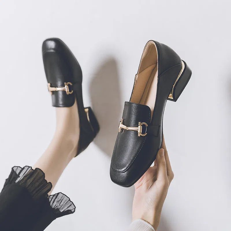 Women's Loafers rubber soft sole square head leather shoes British style Square Toe Chunky Heel Shoes High quality microfiber leather shoes Office Shoes