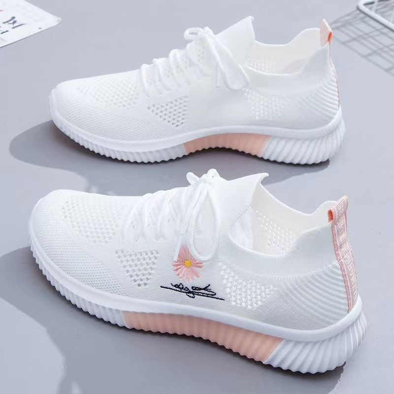 Lady Sport Shoes White Sole Flowers Breathable Mesh Soft Sole Sports Shoes Gym Light Casual Shoes All Match running mesh shoes Lightweight and breathable student shoes