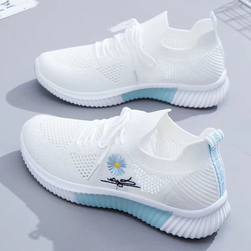 Lady Sport Shoes White Sole Flowers Breathable Mesh Soft Sole Sports Shoes Gym Light Casual Shoes All Match running mesh shoes Lightweight and breathable student shoes