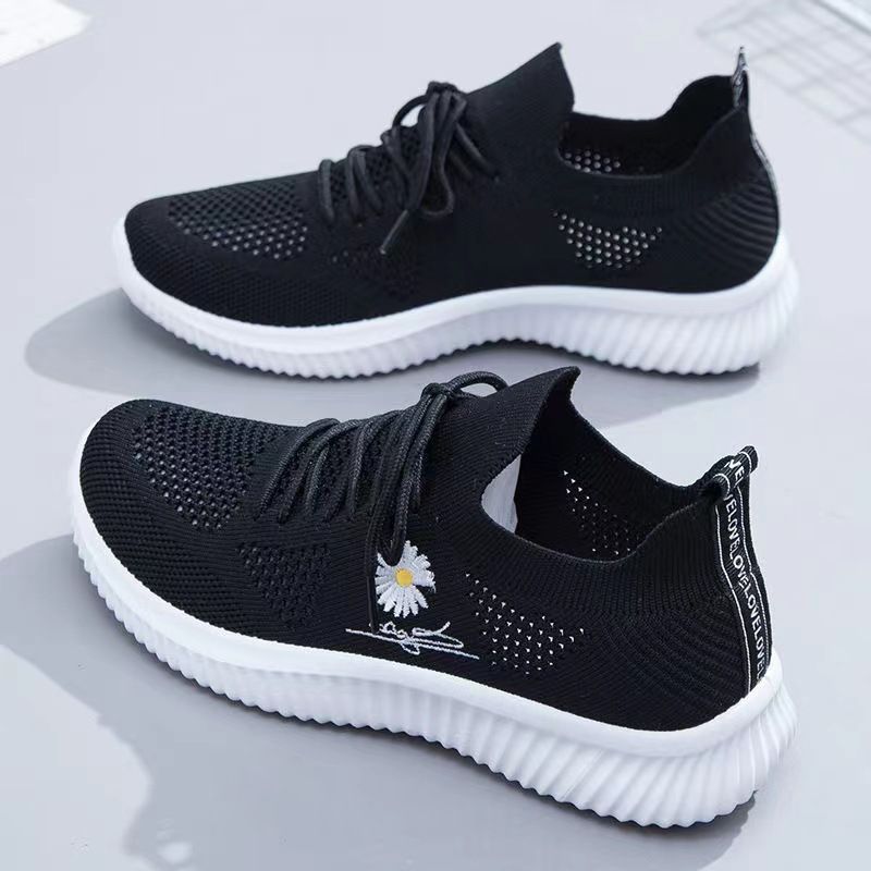 Lady Sport Shoes White Sole Flowers Breathable Mesh Soft Sole Sports Shoes Gym Light Casual Shoes All Match running mesh shoes Lightweight and breathable student shoes