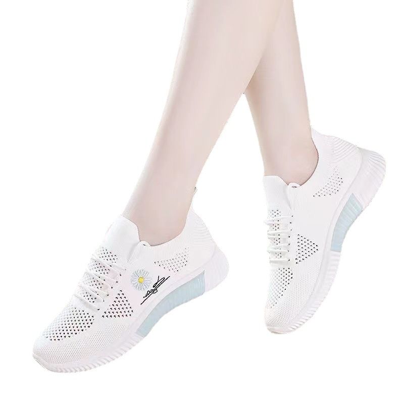 Lady Sport Shoes White Sole Flowers Breathable Mesh Soft Sole Sports Shoes Gym Light Casual Shoes All Match running mesh shoes Lightweight and breathable student shoes