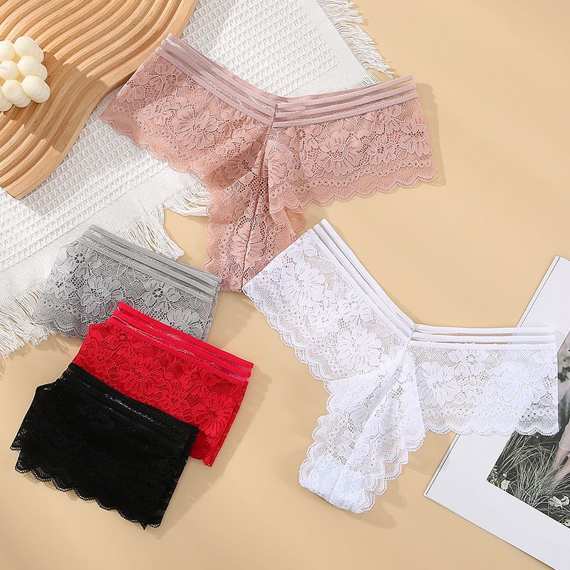 CINVIK  5pcs New ladies thong panties mid-waist cotton crotch sexy panties fashionable scarless full lace thong Hollow Out String Transparent Seamless Low Waist panties