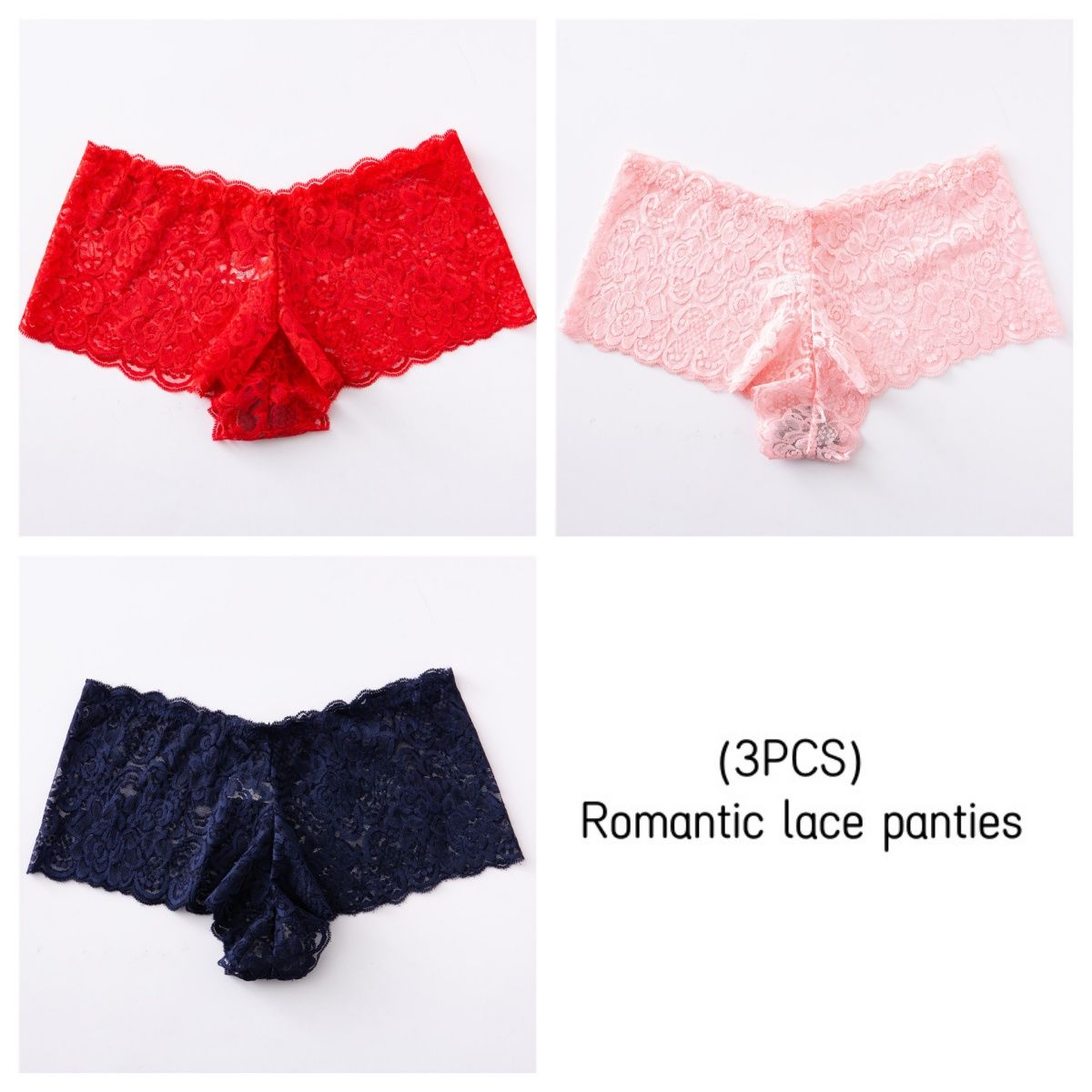 CINVIK  3PCS women's Lace Underwear Hollow Out Transparent non-marking Mid-Waist boxer panties full lace sexy Panties Underpants fashion Mid-Waist briefs cute girls colored panties comfortable soft