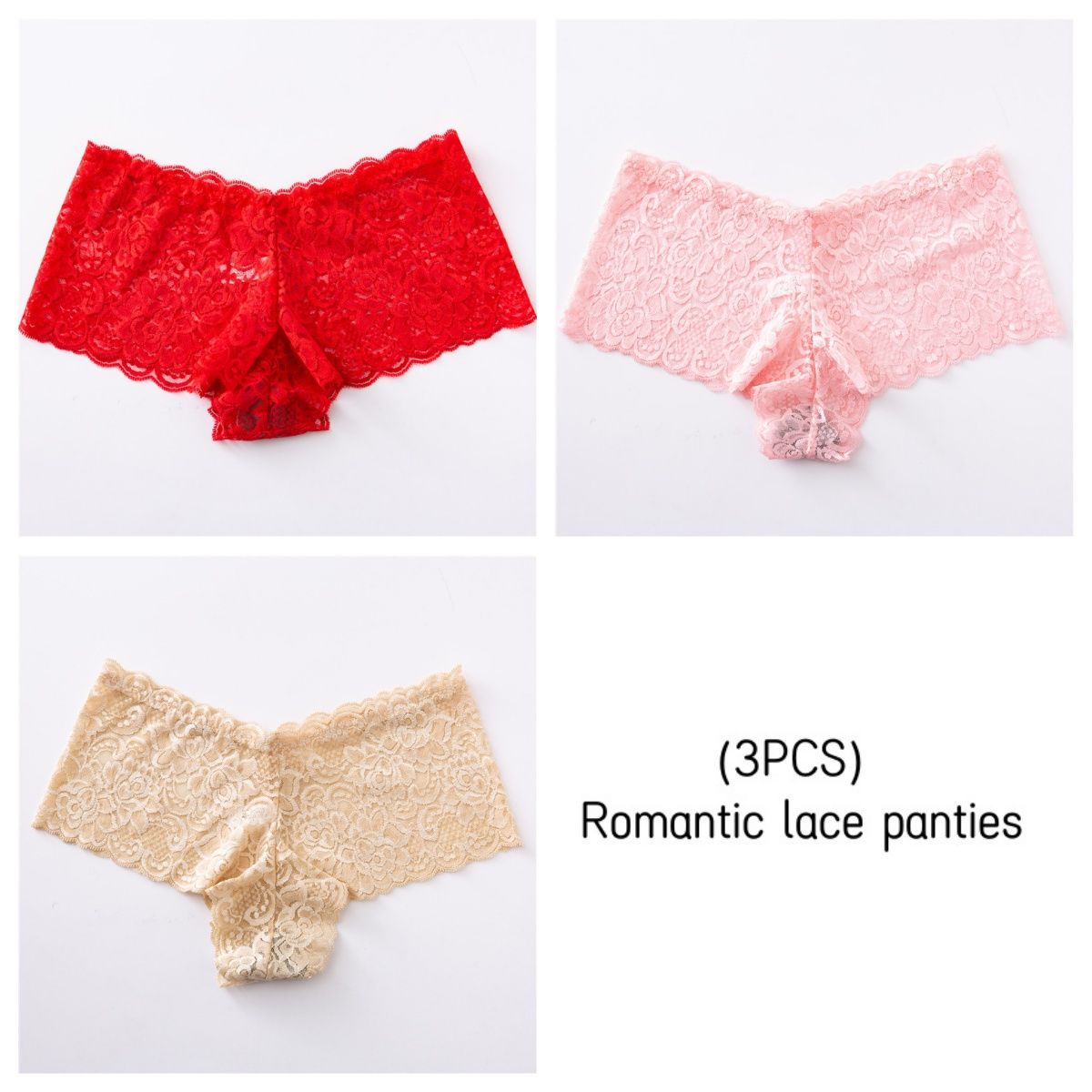 CINVIK  3PCS women's Lace Underwear Hollow Out Transparent non-marking Mid-Waist boxer panties full lace sexy Panties Underpants fashion Mid-Waist briefs cute girls colored panties comfortable soft