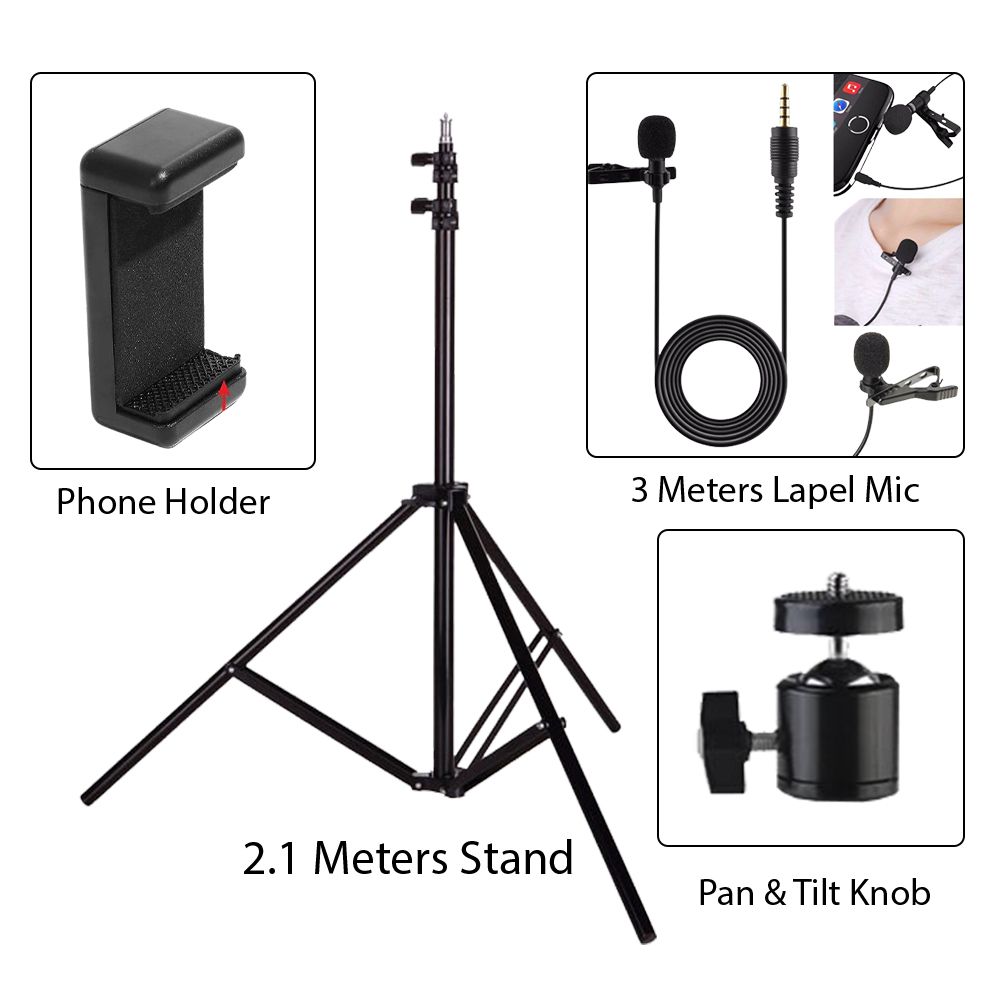 Tripod Stand, 3 Meter Lapel Microphone, Phone Holder & Ring Light Knob - 1.2Meters Tall Stand