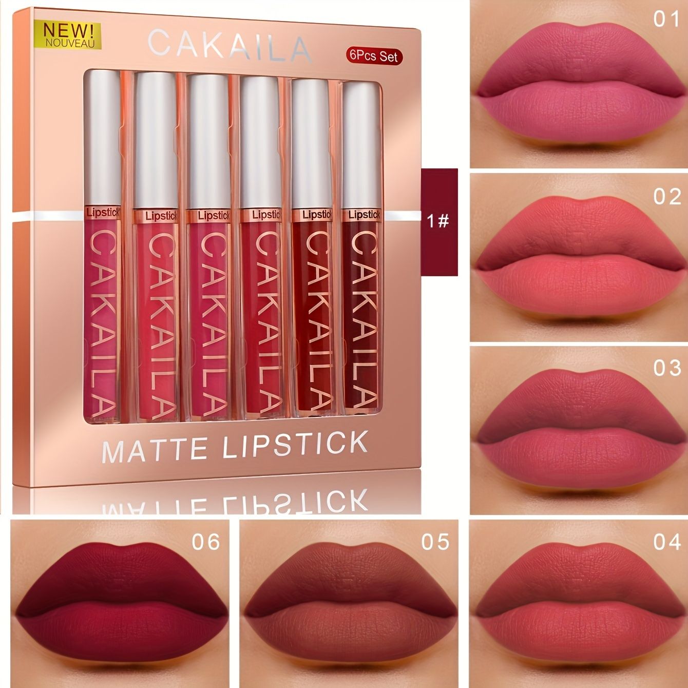 6Pcs Matte Liquid Lipstick Set Lip Stain Makeup, 24 Hour Long Lasting Waterproof Dark Red Matte Matt Lipsticks Lip Gloss Sets For Women Valentine's Day Gifts as picture A