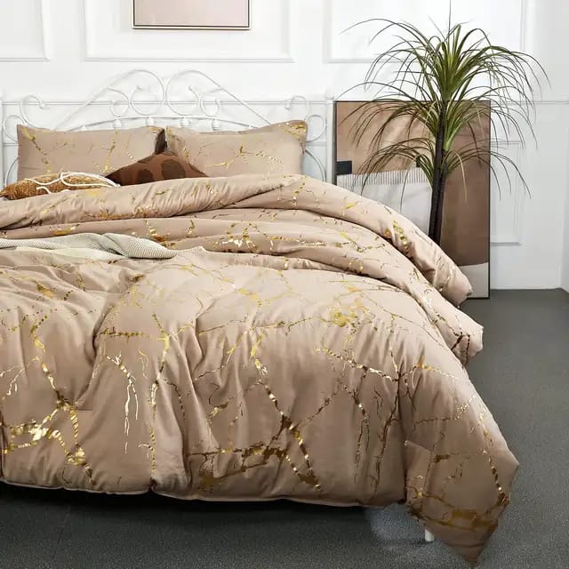 4Pcs of Luxury Gold Marble Texture Foil Style Duvet Covers Set ( 1 Duvet Cover, 2 Pillow cases and 1 Bed-sheet ) Bedding Set